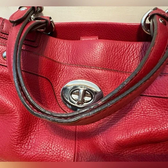 Coach Red Pebbled Leather Turnlock Tote Shoulder Bag Silver Hardware - Picture 9 of 11
